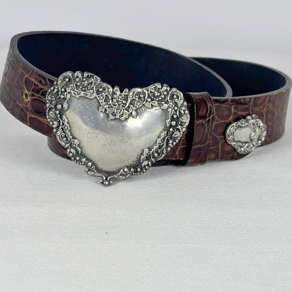 FCX‎ Collection Brown Croc Embossed Belt Pewter Vintage Heart Buckle Boho Size L